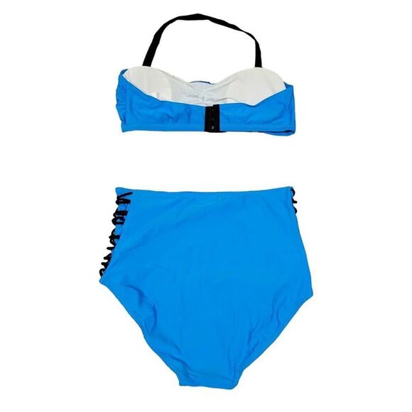 Wearion Bikini Two Piece Blue High Waist Black Criss Cross Bathing Swim Suit NEW - Picture 7 of 9